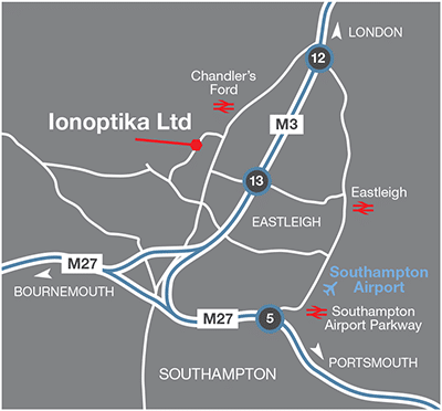 Map showing Ionoptika and nearby travel routes